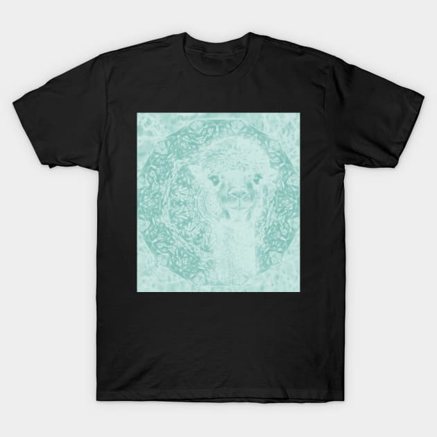 Happy Ghostly alpaca and mandala in Limpet Shell Blue T-Shirt by hereswendy